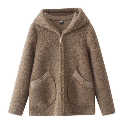 媽媽裝羊羔絨外套女秋冬新款大碼女裝時尚連帽顆粒絨皮毛一體大衣