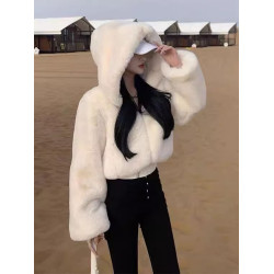 仿兔毛絨短款拉鍊外套女秋冬新款設計感小衆百搭加厚連帽衛衣夾克