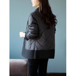 九月陌墨2025秋冬季新款歐版黑色西裝領拼接菱形格羽絨棉服外套女