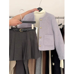 法式小香風紫色短款毛呢外套女秋冬加厚高級感呢子大衣設計感上衣