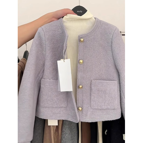 法式小香風紫色短款毛呢外套女秋冬加厚高級感呢子大衣設計感上衣 法式小香風紫色短款毛呢外套女秋冬加厚高級感呢子大衣設計感上衣