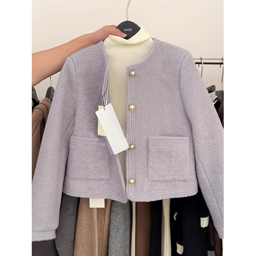 法式小香風紫色短款毛呢外套女秋冬加厚高級感呢子大衣設計感上衣 法式小香風紫色短款毛呢外套女秋冬加厚高級感呢子大衣設計感上衣