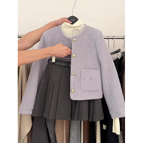 法式小香風紫色短款毛呢外套女秋冬加厚高級感呢子大衣設計感上衣 法式小香風紫色短款毛呢外套女秋冬加厚高級感呢子大衣設計感上衣