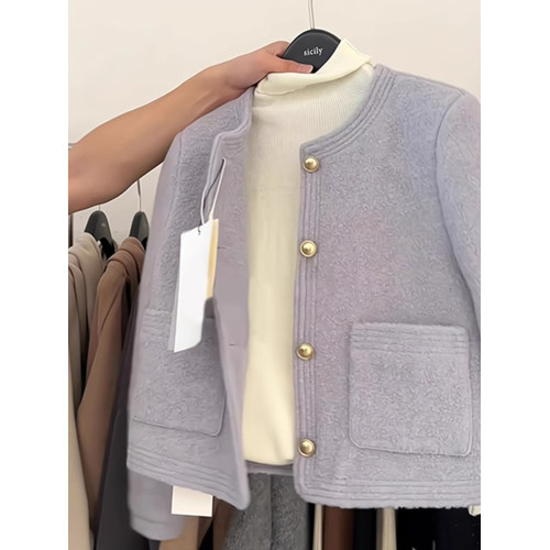 法式小香風紫色短款毛呢外套女秋冬加厚高級感呢子大衣設計感上衣 法式小香風紫色短款毛呢外套女秋冬加厚高級感呢子大衣設計感上衣