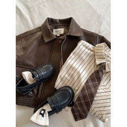 布呐呐兒2025童外套春秋季新品男女寶寶純色翻領皮夾克短款皮衣潮