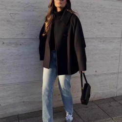 春季新品女裝歐美風氣質蝙蝠袖加厚毛呢短款寬松外套 8353724