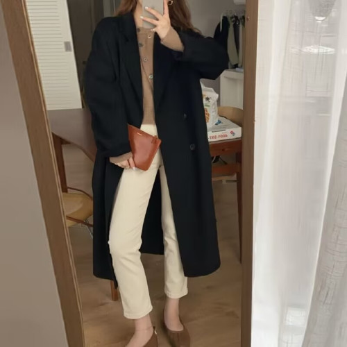 風衣中長款毛呢外套女秋冬夾棉學生顯瘦寬鬆過膝大衣雙排釦慵嬾風