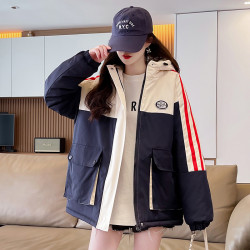 夾棉加厚沖鋒衣外套少女秋冬2025新款初中高中學生拼色工裝棉服潮