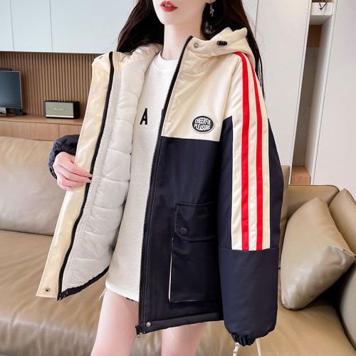 夾棉加厚沖鋒衣外套少女秋冬2025新款初中高中學生拼色工裝棉服潮