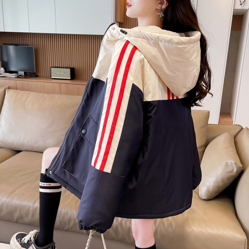 夾棉加厚沖鋒衣外套少女秋冬2025新款初中高中學生拼色工裝棉服潮