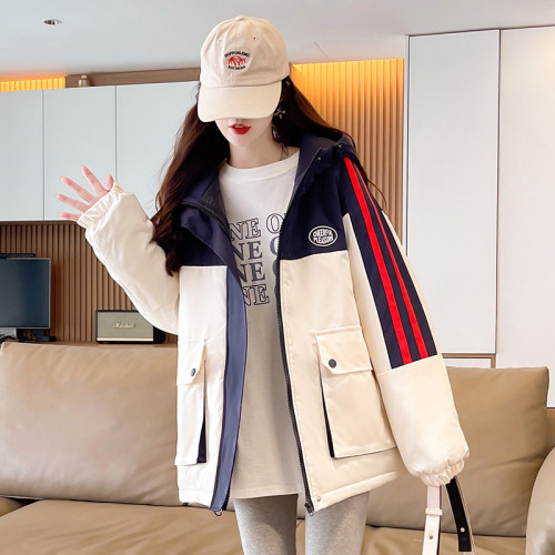 夾棉加厚沖鋒衣外套少女秋冬2025新款初中高中學生拼色工裝棉服潮