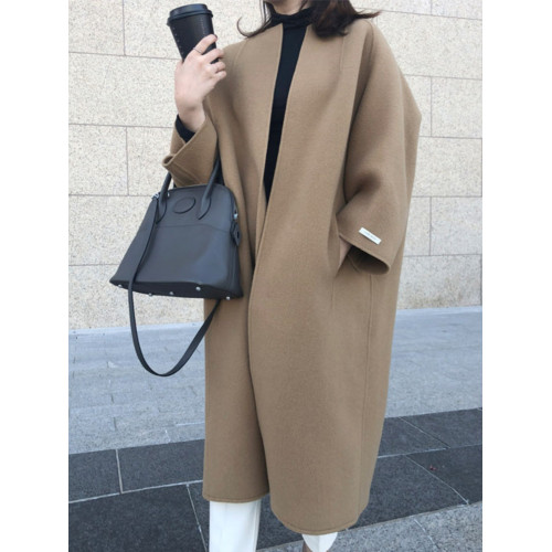 單日系毛呢外套2024秋冬寬松大碼中長款純色直筒加厚呢子大衣