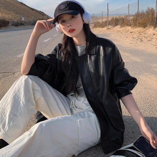 復古棕色皮衣外套女港風新款春秋季高級寬松美式復古機車夾克上衣 復古棕色皮衣外套女港風新款春秋季高級寬松美式復古機車夾克上衣