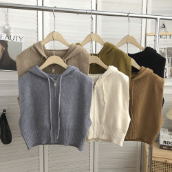 抽繩連帽拉鍊無袖針織馬甲女2025年秋裝韓版復古百搭外穿背心上衣