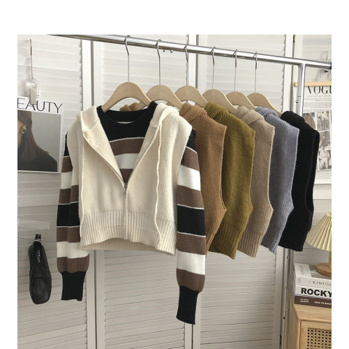 抽繩連帽拉鍊無袖針織馬甲女2025年秋裝韓版復古百搭外穿背心上衣 抽繩連帽拉鍊無袖針織馬甲女2025年秋裝韓版復古百搭外穿背心上衣