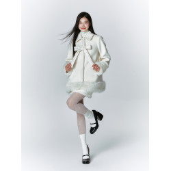 ANNATTO新年戰袍 千金穿搭白色小香蝴蝶結毛呢外套女高級禮服大衣