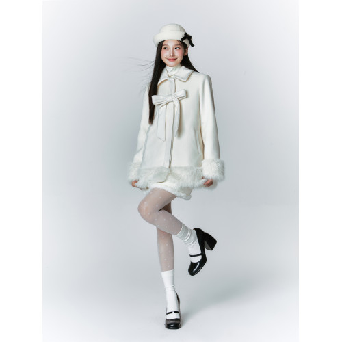 ANNATTO新年戰袍 千金穿搭白色小香蝴蝶結毛呢外套女高級禮服大衣 ANNATTO新年戰袍 千金穿搭白色小香蝴蝶結毛呢外套女高級禮服大衣