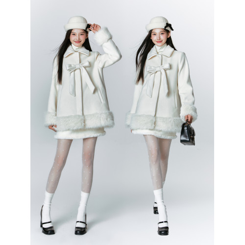 ANNATTO新年戰袍 千金穿搭白色小香蝴蝶結毛呢外套女高級禮服大衣 ANNATTO新年戰袍 千金穿搭白色小香蝴蝶結毛呢外套女高級禮服大衣