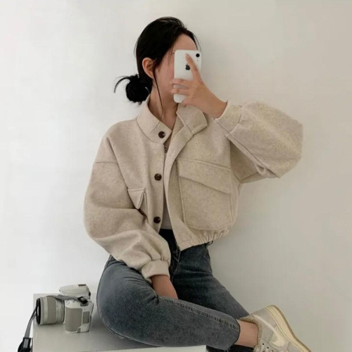 韓國chic復古小衆短款外套女秋冬立領單排釦寬松休閒百搭毛呢上衣 韓國chic復古小衆短款外套女秋冬立領單排釦寬松休閒百搭毛呢上衣