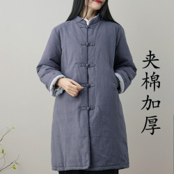 復古棉衣中長款棉麻夾棉加厚袍子中式盤釦棉服禪修服棉襖女冬外套