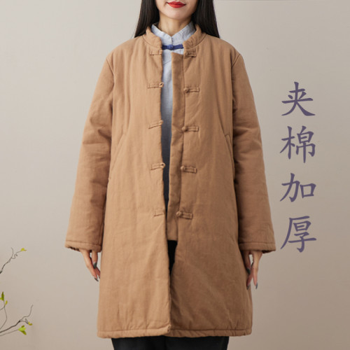 復古棉衣中長款棉麻夾棉加厚袍子中式盤釦棉服禪修服棉襖女冬外套 復古棉衣中長款棉麻夾棉加厚袍子中式盤釦棉服禪修服棉襖女冬外套