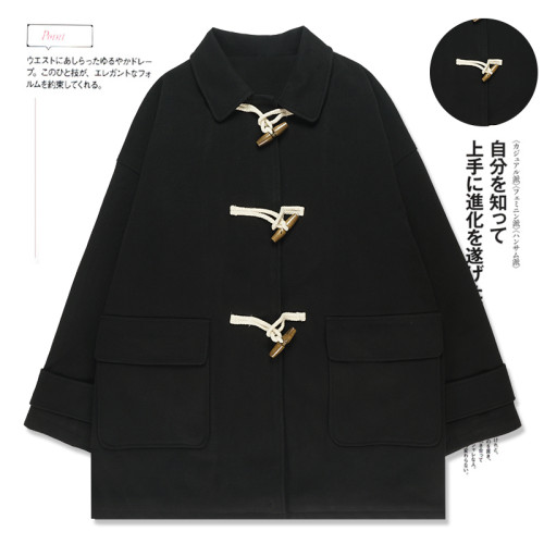 日系羊角釦夾棉毛呢外套寬松廓形呢子大衣女2025年新款冬季奶兔