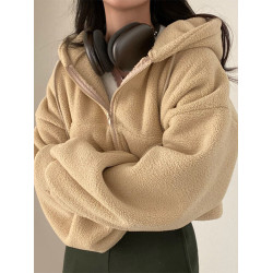 短款羊羔絨連帽外套女小個子秋冬季加絨加厚時尚百搭開衫拉鍊上衣