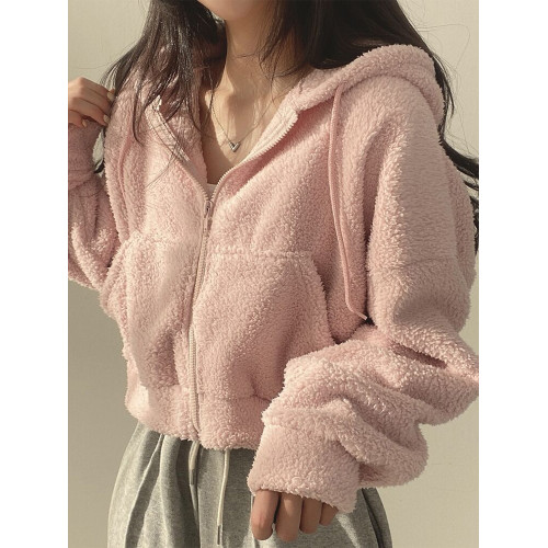 短款羊羔絨連帽外套女小個子秋冬季加絨加厚時尚百搭開衫拉鍊上衣 短款羊羔絨連帽外套女小個子秋冬季加絨加厚時尚百搭開衫拉鍊上衣