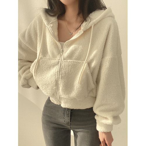 短款羊羔絨連帽外套女小個子秋冬季加絨加厚時尚百搭開衫拉鍊上衣 短款羊羔絨連帽外套女小個子秋冬季加絨加厚時尚百搭開衫拉鍊上衣