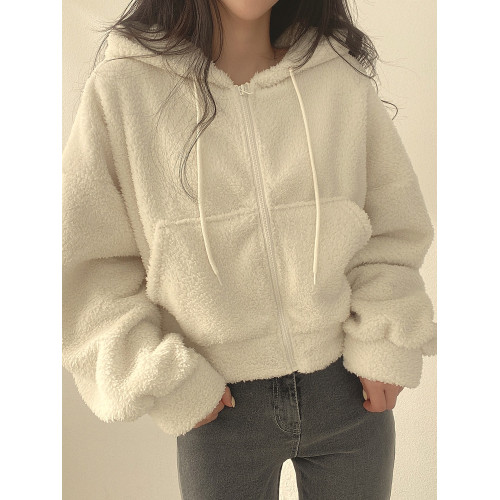 短款羊羔絨連帽外套女小個子秋冬季加絨加厚時尚百搭開衫拉鍊上衣 短款羊羔絨連帽外套女小個子秋冬季加絨加厚時尚百搭開衫拉鍊上衣