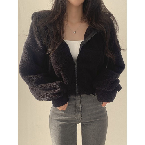 短款羊羔絨連帽外套女小個子秋冬季加絨加厚時尚百搭開衫拉鍊上衣 短款羊羔絨連帽外套女小個子秋冬季加絨加厚時尚百搭開衫拉鍊上衣