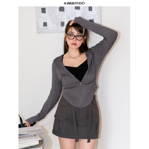 冷感茶繆 巨鹿工作室微胖mm秋修身顯瘦短款連帽上衣半裙套裝