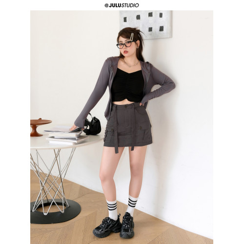 冷感茶繆 巨鹿工作室微胖mm秋修身顯瘦短款連帽上衣半裙套裝