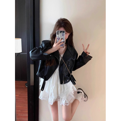 小個子甜辣機車皮衣夾克女2025秋季韓版黑色復古翻領上衣短款外套 小個子甜辣機車皮衣夾克女2025秋季韓版黑色復古翻領上衣短款外套