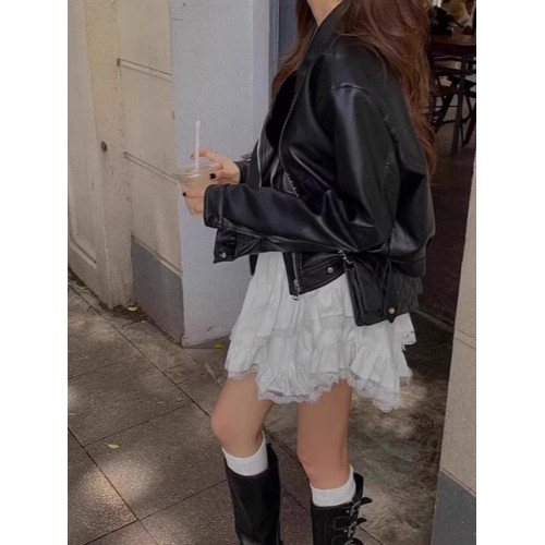 小個子甜辣機車皮衣夾克女2025秋季韓版黑色復古翻領上衣短款外套 小個子甜辣機車皮衣夾克女2025秋季韓版黑色復古翻領上衣短款外套