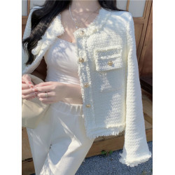 2025年新款春秋百搭白色小香風外套女爆款獨特別致設計感短款上衣