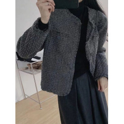 時髦小香風奶灰流蘇邊短外套女春秋氣質簡約短款寬松長袖毛呢上衣