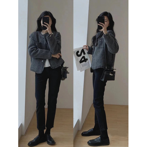 時髦小香風奶灰流蘇邊短外套女春秋氣質簡約短款寬松長袖毛呢上衣 時髦小香風奶灰流蘇邊短外套女春秋氣質簡約短款寬松長袖毛呢上衣