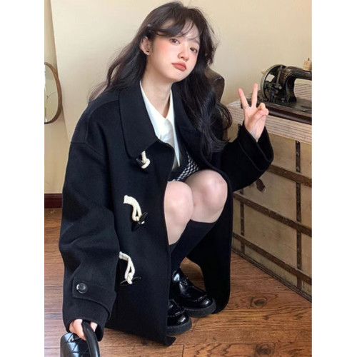 獨特超好看深冬黑色牛角釦呢子大衣女入冬季2025新款毛呢外套加厚