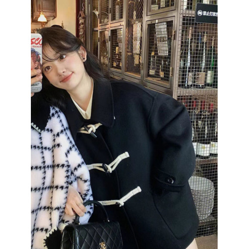 獨特超好看深冬黑色牛角釦呢子大衣女入冬季2025新款毛呢外套加厚