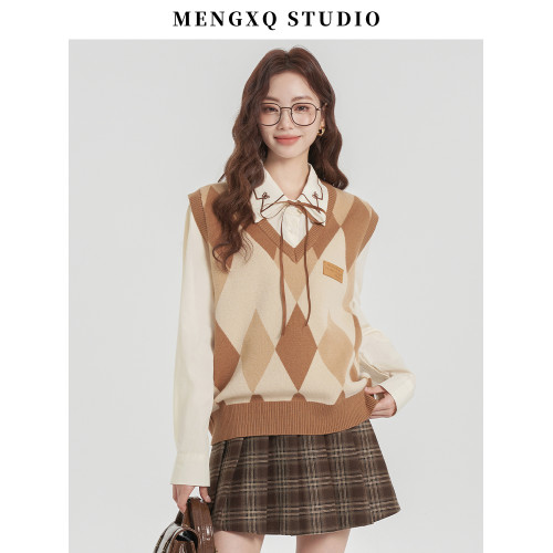 矇小柒學院風寬鬆針織馬甲女秋季毛衣馬夾上衣搭配襯衫美拉德穿搭