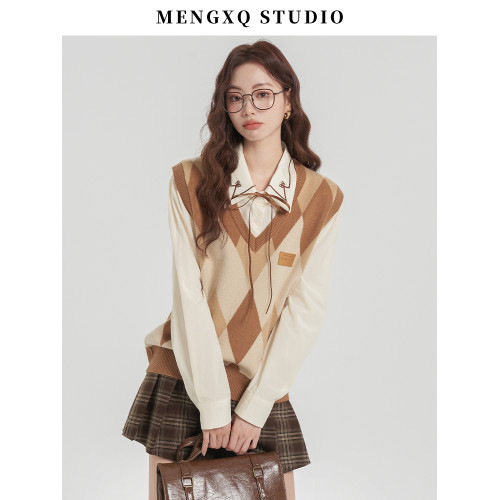 矇小柒學院風寬鬆針織馬甲女秋季毛衣馬夾上衣搭配襯衫美拉德穿搭