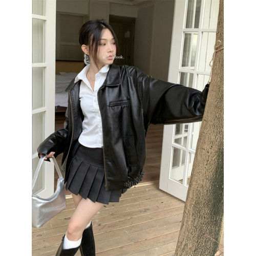 復古港風咖啡色皮衣外套女2024新款春秋寬松設計感小衆機車服夾克 復古港風咖啡色皮衣外套女2024新款春秋寬松設計感小衆機車服夾克