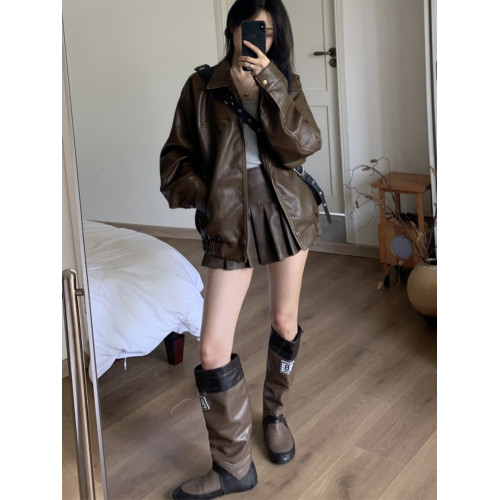 復古港風咖啡色皮衣外套女2024新款春秋寬松設計感小衆機車服夾克 復古港風咖啡色皮衣外套女2024新款春秋寬松設計感小衆機車服夾克