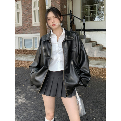 復古港風咖啡色皮衣外套女2024新款春秋寬松設計感小衆機車服夾克 復古港風咖啡色皮衣外套女2024新款春秋寬松設計感小衆機車服夾克