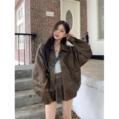復古港風咖啡色皮衣外套女2024新款春秋寬松設計感小衆機車服夾克 復古港風咖啡色皮衣外套女2024新款春秋寬松設計感小衆機車服夾克