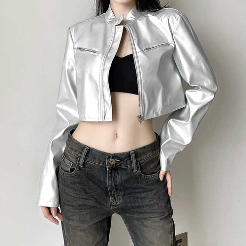 WEEKEEP 帥氣銀色短款機車風皮衣外套女開衫立領百搭跳舞夾克上衣 WEEKEEP 帥氣銀色短款機車風皮衣外套女開衫立領百搭跳舞夾克上衣