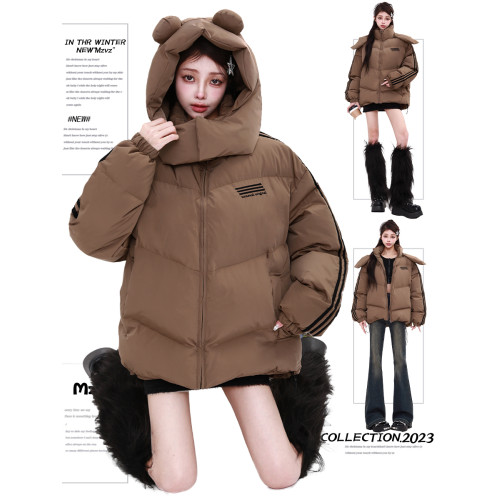 MZVZ小熊耳朵立領連帽羽絨棉服女冬季加厚棉襖外套美拉德麵包服潮