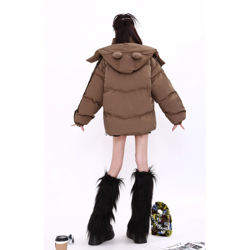 MZVZ小熊耳朵立領連帽羽絨棉服女冬季加厚棉襖外套美拉德麵包服潮