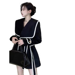 2025新款秋冬赫本風黑色海軍領毛呢外套小個子收腰顯瘦大衣女